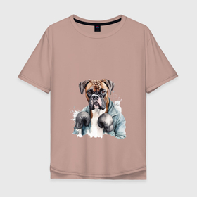 Мужская футболка хлопок Oversize с принтом Собака боксер арт в Тюмени, 100% хлопок | свободный крой, круглый ворот, “спинка” длиннее передней части | Тематика изображения на принте: 