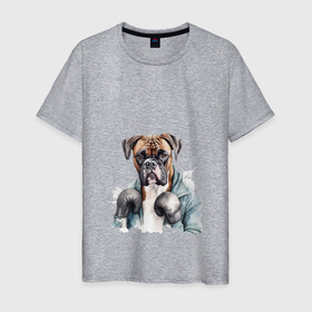 Мужская футболка хлопок с принтом Собака боксер арт в Санкт-Петербурге, 100% хлопок | прямой крой, круглый вырез горловины, длина до линии бедер, слегка спущенное плечо. | 