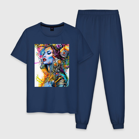 Мужская пижама хлопок с принтом Psychedelic girl в Тюмени, 100% хлопок | брюки и футболка прямого кроя, без карманов, на брюках мягкая резинка на поясе и по низу штанин
 | Тематика изображения на принте: 