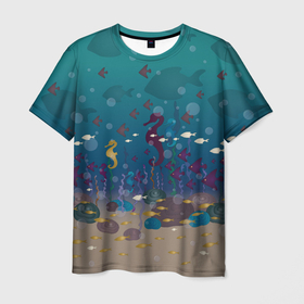 Мужская футболка 3D с принтом Подводный мир с рыбами в Курске, 100% полиэфир | прямой крой, круглый вырез горловины, длина до линии бедер | 