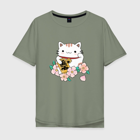 Мужская футболка хлопок Oversize с принтом котик приветик в Петрозаводске, 100% хлопок | свободный крой, круглый ворот, “спинка” длиннее передней части | Тематика изображения на принте: 