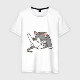 Мужская футболка хлопок с принтом Веселый котик в Екатеринбурге, 100% хлопок | прямой крой, круглый вырез горловины, длина до линии бедер, слегка спущенное плечо. | 