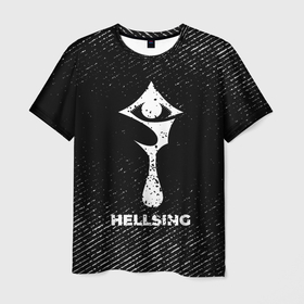 Мужская футболка 3D с принтом Hellsing с потертостями на темном фоне в Белгороде, 100% полиэфир | прямой крой, круглый вырез горловины, длина до линии бедер | Тематика изображения на принте: 