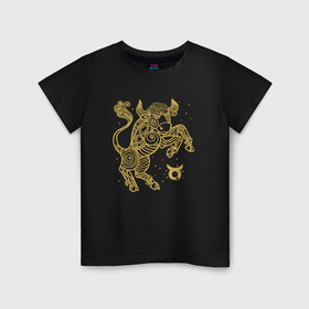Детская футболка хлопок с принтом Золотой бычок таурус по зодиаку телец в Белгороде, 100% хлопок | круглый вырез горловины, полуприлегающий силуэт, длина до линии бедер | 