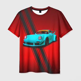 Мужская футболка 3D с принтом Немецкий спортивный автомобиль Porsche 911 в Петрозаводске, 100% полиэфир | прямой крой, круглый вырез горловины, длина до линии бедер | 