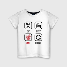 Детская футболка хлопок с принтом Eat   sleep   Cyberpunk 2077   repeat в Тюмени, 100% хлопок | круглый вырез горловины, полуприлегающий силуэт, длина до линии бедер | 