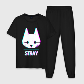 Мужская пижама хлопок с принтом Stray в стиле glitch и баги графики в городе Новоалтайск, 100% хлопок | брюки и футболка прямого кроя, без карманов, на брюках мягкая резинка на поясе и по низу штанин
 | 