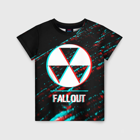 Детская футболка 3D с принтом Fallout в стиле glitch и баги графики на темном фоне в Белгороде, 100% гипоаллергенный полиэфир | прямой крой, круглый вырез горловины, длина до линии бедер, чуть спущенное плечо, ткань немного тянется | 