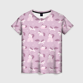 Женская футболка 3D с принтом Розовый паттерн с единорогом в Петрозаводске, 100% полиэфир ( синтетическое хлопкоподобное полотно) | прямой крой, круглый вырез горловины, длина до линии бедер | 
