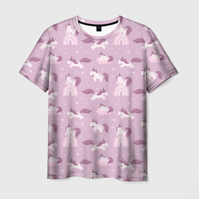 Мужская футболка 3D с принтом Розовый паттерн с единорогом в Белгороде, 100% полиэфир | прямой крой, круглый вырез горловины, длина до линии бедер | Тематика изображения на принте: 