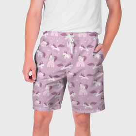 Мужские шорты 3D с принтом Розовый паттерн с единорогом ,  полиэстер 100% | прямой крой, два кармана без застежек по бокам. Мягкая трикотажная резинка на поясе, внутри которой широкие завязки. Длина чуть выше колен | Тематика изображения на принте: 