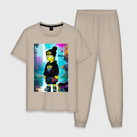 Мужская пижама хлопок с принтом Bart Simpson   street fantasy в Екатеринбурге, 100% хлопок | брюки и футболка прямого кроя, без карманов, на брюках мягкая резинка на поясе и по низу штанин
 | 