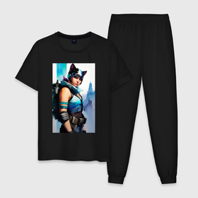 Мужская пижама хлопок с принтом Cat girl   cyberpunk   New York в Кировске, 100% хлопок | брюки и футболка прямого кроя, без карманов, на брюках мягкая резинка на поясе и по низу штанин
 | 
