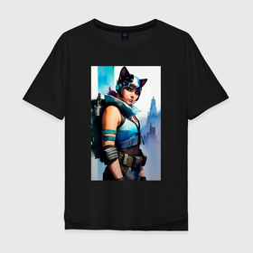 Мужская футболка хлопок Oversize с принтом Cat girl   cyberpunk   New York в Петрозаводске, 100% хлопок | свободный крой, круглый ворот, “спинка” длиннее передней части | 