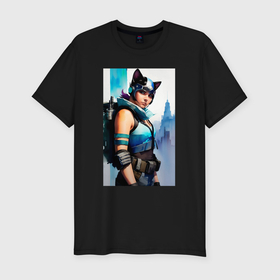 Мужская футболка хлопок Slim с принтом Cat girl   cyberpunk   New York в Курске, 92% хлопок, 8% лайкра | приталенный силуэт, круглый вырез ворота, длина до линии бедра, короткий рукав | 
