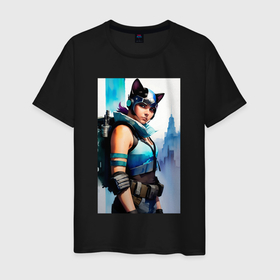 Мужская футболка хлопок с принтом Cat girl   cyberpunk   New York в Кировске, 100% хлопок | прямой крой, круглый вырез горловины, длина до линии бедер, слегка спущенное плечо. | 