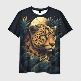 Мужская футболка 3D с принтом Леопард в тропических зарослях лунной ночью: арт нейросети в Белгороде, 100% полиэфир | прямой крой, круглый вырез горловины, длина до линии бедер | Тематика изображения на принте: 