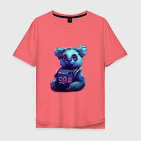 Мужская футболка хлопок Oversize с принтом Техно коала в неоновом свете в Тюмени, 100% хлопок | свободный крой, круглый ворот, “спинка” длиннее передней части | Тематика изображения на принте: 