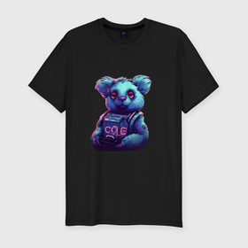 Мужская футболка хлопок Slim с принтом Техно коала в неоновом свете в Санкт-Петербурге, 92% хлопок, 8% лайкра | приталенный силуэт, круглый вырез ворота, длина до линии бедра, короткий рукав | 