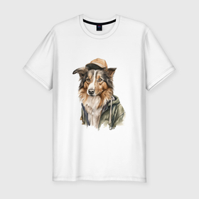 Мужская футболка хлопок Slim с принтом Собака в кепке арт в Новосибирске, 92% хлопок, 8% лайкра | приталенный силуэт, круглый вырез ворота, длина до линии бедра, короткий рукав | 