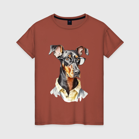 Женская футболка хлопок с принтом Доберман акварель в Белгороде, 100% хлопок | прямой крой, круглый вырез горловины, длина до линии бедер, слегка спущенное плечо | 
