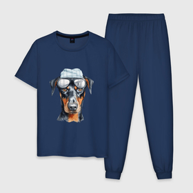 Мужская пижама хлопок с принтом Доберман хипстер в Санкт-Петербурге, 100% хлопок | брюки и футболка прямого кроя, без карманов, на брюках мягкая резинка на поясе и по низу штанин
 | 