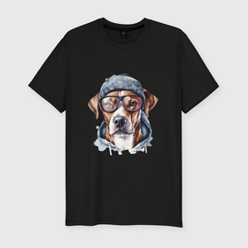 Мужская футболка хлопок Slim с принтом Портрет собаки акварель в Кировске, 92% хлопок, 8% лайкра | приталенный силуэт, круглый вырез ворота, длина до линии бедра, короткий рукав | 