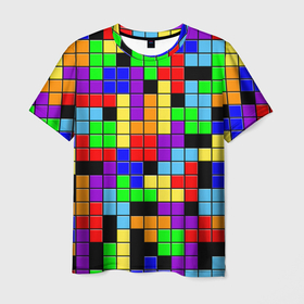 Мужская футболка 3D с принтом Тетрис цветные блоки в Белгороде, 100% полиэфир | прямой крой, круглый вырез горловины, длина до линии бедер | 