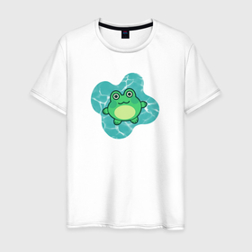 Мужская футболка хлопок с принтом Отдыхающая лягушка в Кировске, 100% хлопок | прямой крой, круглый вырез горловины, длина до линии бедер, слегка спущенное плечо. | 