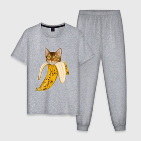 Мужская пижама хлопок с принтом Бенгальский кот банан в Тюмени, 100% хлопок | брюки и футболка прямого кроя, без карманов, на брюках мягкая резинка на поясе и по низу штанин
 | Тематика изображения на принте: 
