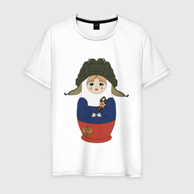 Мужская футболка хлопок с принтом Матрешка танкист в Екатеринбурге, 100% хлопок | прямой крой, круглый вырез горловины, длина до линии бедер, слегка спущенное плечо. | 