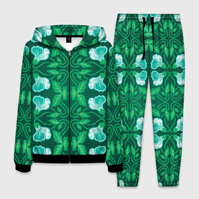 Мужской костюм 3D с принтом Зелёный цветочный паттерн в Кировске, 100% полиэстер | Манжеты и пояс оформлены тканевой резинкой, двухслойный капюшон со шнурком для регулировки, карманы спереди | 