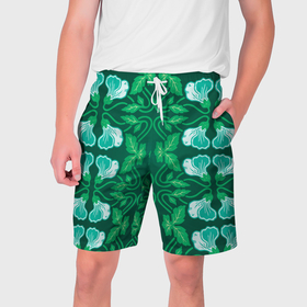 Мужские шорты 3D с принтом Зелёный цветочный паттерн в Кировске,  полиэстер 100% | прямой крой, два кармана без застежек по бокам. Мягкая трикотажная резинка на поясе, внутри которой широкие завязки. Длина чуть выше колен | 
