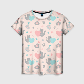 Женская футболка 3D с принтом Влюбленные коты паттерн в Санкт-Петербурге, 100% полиэфир ( синтетическое хлопкоподобное полотно) | прямой крой, круглый вырез горловины, длина до линии бедер | 