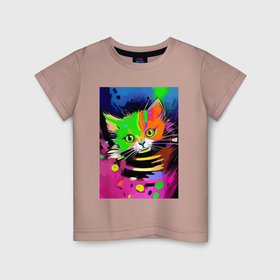 Детская футболка хлопок с принтом Смешной котёнок   акварель   нейросеть в Белгороде, 100% хлопок | круглый вырез горловины, полуприлегающий силуэт, длина до линии бедер | 