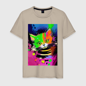Мужская футболка хлопок с принтом Смешной котёнок   акварель   нейросеть в Петрозаводске, 100% хлопок | прямой крой, круглый вырез горловины, длина до линии бедер, слегка спущенное плечо. | 