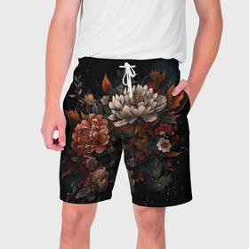 Мужские шорты 3D с принтом Хризантемы: арт нейросети в стиле японской татуировки ,  полиэстер 100% | прямой крой, два кармана без застежек по бокам. Мягкая трикотажная резинка на поясе, внутри которой широкие завязки. Длина чуть выше колен | 