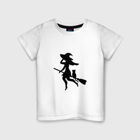 Детская футболка хлопок с принтом Ведьмочка и кот на метле , 100% хлопок | круглый вырез горловины, полуприлегающий силуэт, длина до линии бедер | 