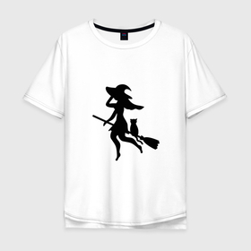 Мужская футболка хлопок Oversize с принтом Ведьмочка и кот на метле , 100% хлопок | свободный крой, круглый ворот, “спинка” длиннее передней части | 