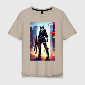 Мужская футболка хлопок Oversize с принтом Крутая кошка с оружием   киберпанк в Екатеринбурге, 100% хлопок | свободный крой, круглый ворот, “спинка” длиннее передней части | 