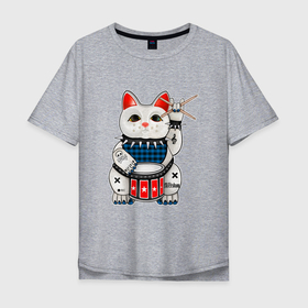 Мужская футболка хлопок Oversize с принтом Нэко  кот барабанщик в Петрозаводске, 100% хлопок | свободный крой, круглый ворот, “спинка” длиннее передней части | 