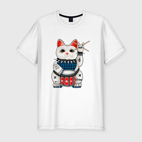 Мужская футболка хлопок Slim с принтом Нэко  кот барабанщик в Екатеринбурге, 92% хлопок, 8% лайкра | приталенный силуэт, круглый вырез ворота, длина до линии бедра, короткий рукав | Тематика изображения на принте: 