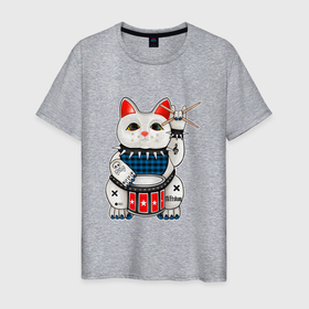 Мужская футболка хлопок с принтом Нэко  кот барабанщик в Петрозаводске, 100% хлопок | прямой крой, круглый вырез горловины, длина до линии бедер, слегка спущенное плечо. | 