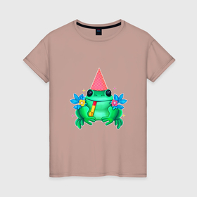 Женская футболка хлопок с принтом Веселая лягушка в цветах в Петрозаводске, 100% хлопок | прямой крой, круглый вырез горловины, длина до линии бедер, слегка спущенное плечо | 