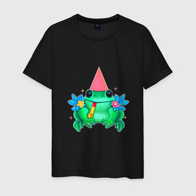 Мужская футболка хлопок с принтом Веселая лягушка в цветах в Кировске, 100% хлопок | прямой крой, круглый вырез горловины, длина до линии бедер, слегка спущенное плечо. | 