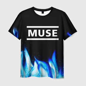 Мужская футболка 3D с принтом Muse blue fire в городе Новоалтайск, 100% полиэфир | прямой крой, круглый вырез горловины, длина до линии бедер | 