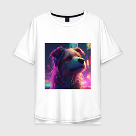 Мужская футболка хлопок Oversize с принтом Киберпанк собака в свете неона в Курске, 100% хлопок | свободный крой, круглый ворот, “спинка” длиннее передней части | 