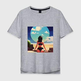 Мужская футболка хлопок Oversize с принтом Девушка на пляже в Петрозаводске, 100% хлопок | свободный крой, круглый ворот, “спинка” длиннее передней части | 
