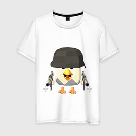 Мужская футболка хлопок с принтом Chicken Gun в каске в Тюмени, 100% хлопок | прямой крой, круглый вырез горловины, длина до линии бедер, слегка спущенное плечо. | Тематика изображения на принте: 