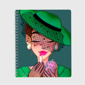 Тетрадь с принтом Дама в зеленой шляпке , 100% бумага | 48 листов, плотность листов — 60 г/м2, плотность картонной обложки — 250 г/м2. Листы скреплены сбоку удобной пружинной спиралью. Уголки страниц и обложки скругленные. Цвет линий — светло-серый
 | 